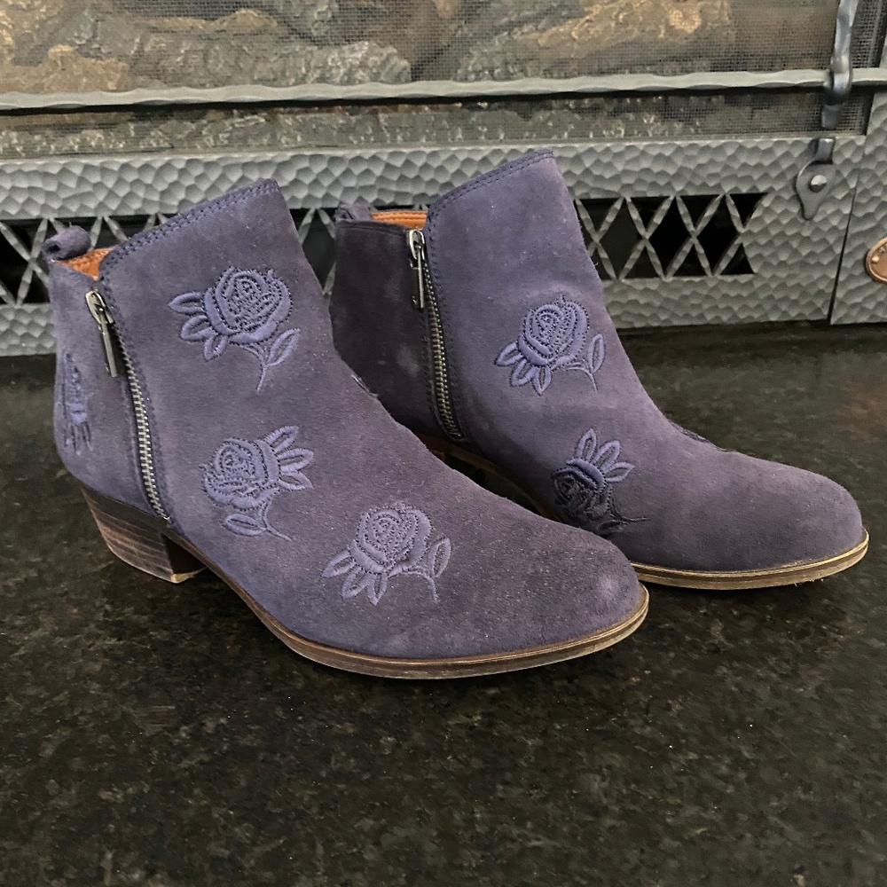 Lucky Basel Blue Suede Embroidered Booties Size 8 1/2